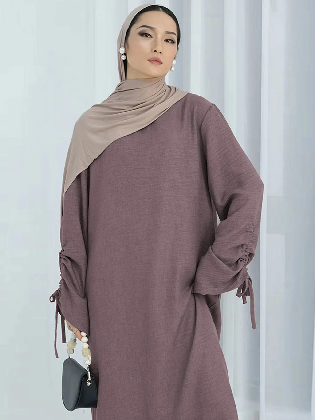 Women Abaya Lace-up Sleeve  Casual Prayer Kaftan Long Robe