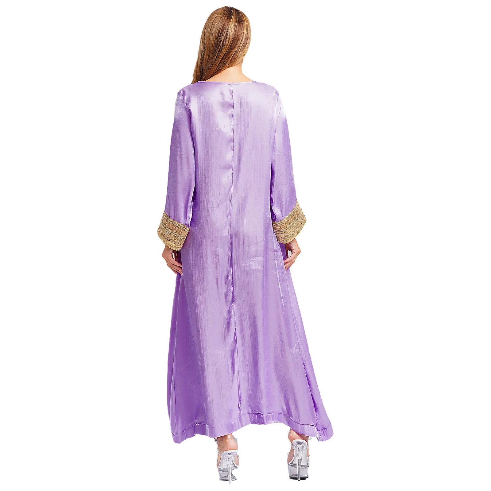 Womens Arabic Abaya Kaftan Dress Long Sleeve Loose Pullover Robe Shiny  Maxi Dress
