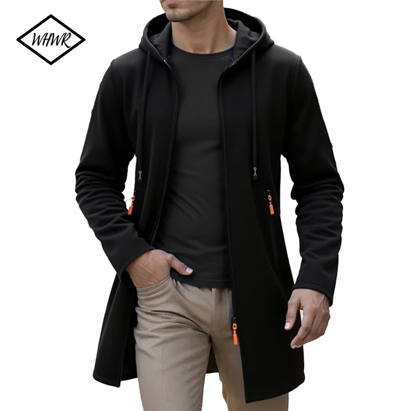 Men's Hooded Long Jackets  Outwear Casual Coats Zipper