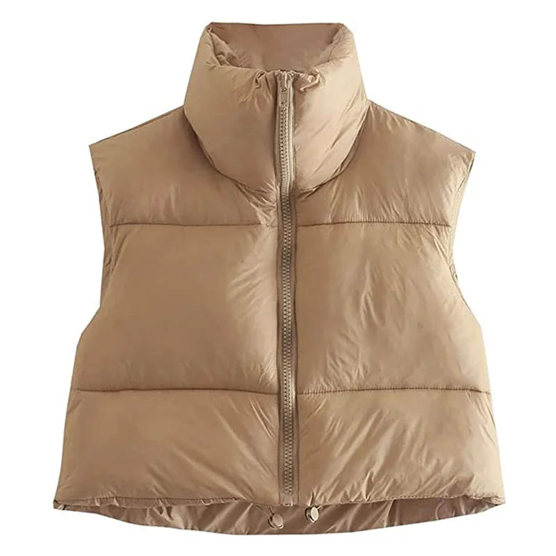 Women Winter Warm Crop Waistcoat Sleeveless Stand Collar Double Sided Lightweight Puffer Vest