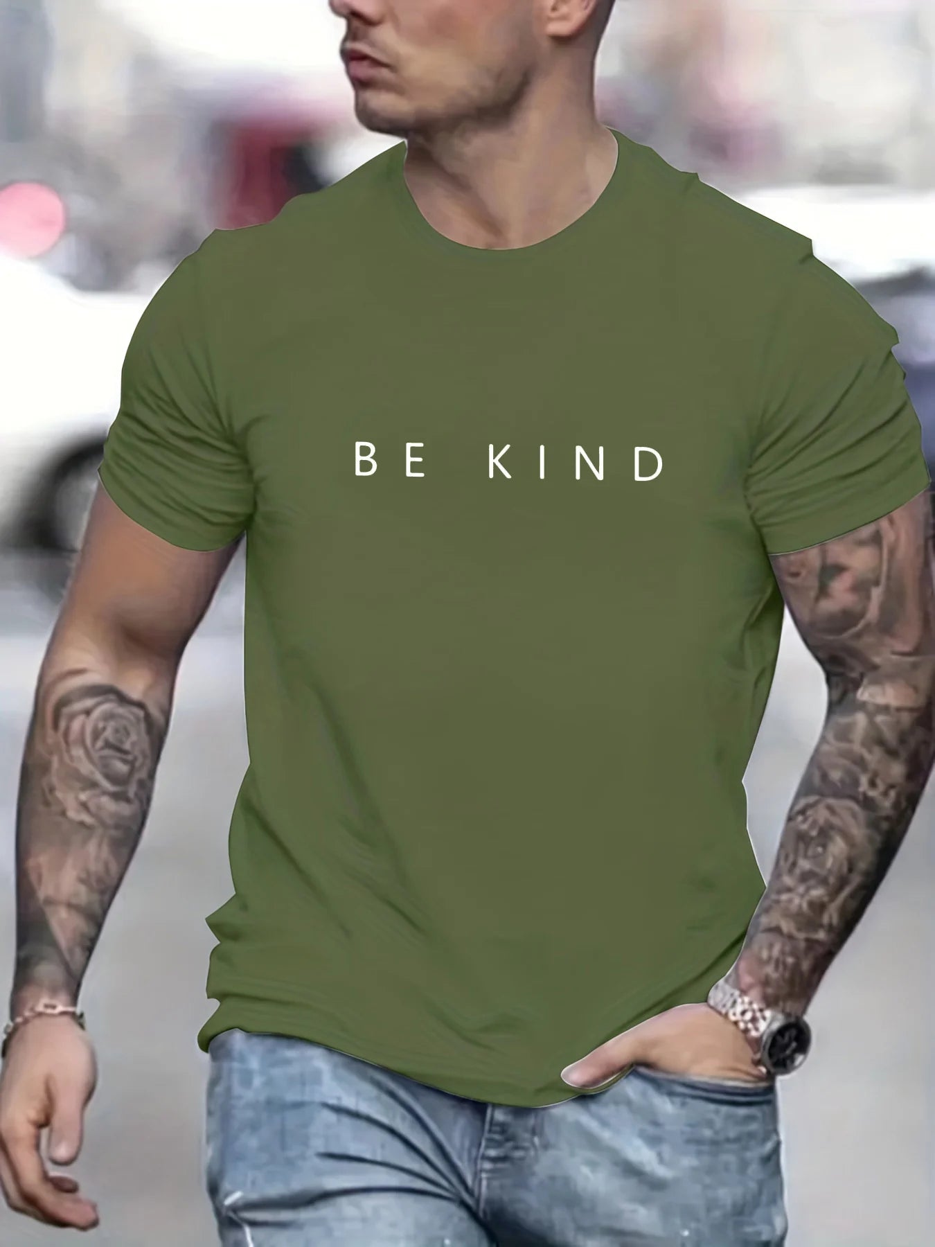 Men's Summer Loose Fit  100 Cotton be Kind Print T-shirt Tops O-neck Pactwork