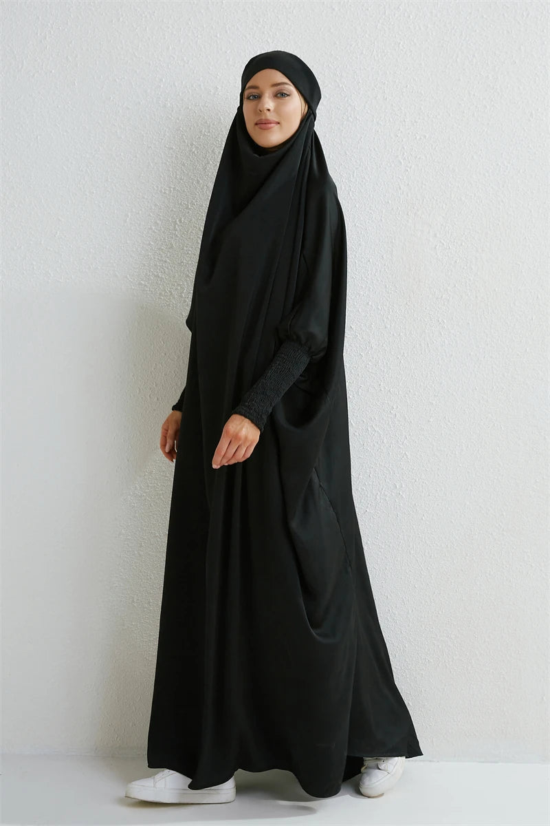 Abaya Hooded Smocking Sleeve One-piece Prayer Dress Women Jilbab  Clothing Dubai Saudi Black Robe Turkish Modesty