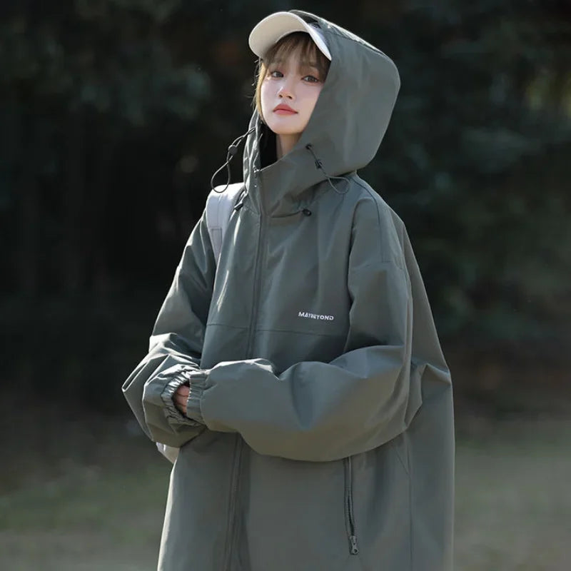 Women's Loose Windproof Zipper Hooded Jacket