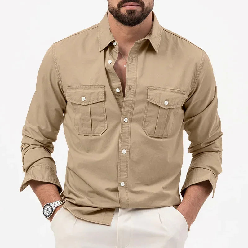 Army Green Tactical Cargo Shirts  Long Sleeve Mens T-Shirt