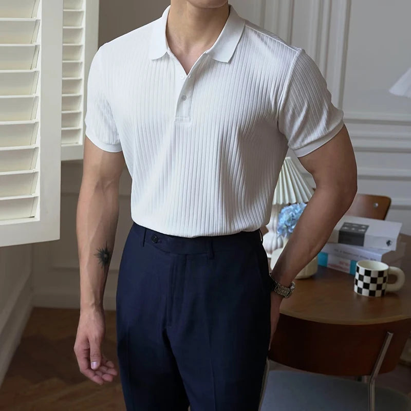 Vertical Stripe Knit Polo Men's Shirts Summer New Slim Breathable Turn-Down Collar Business Short Sleeve Polo Tops