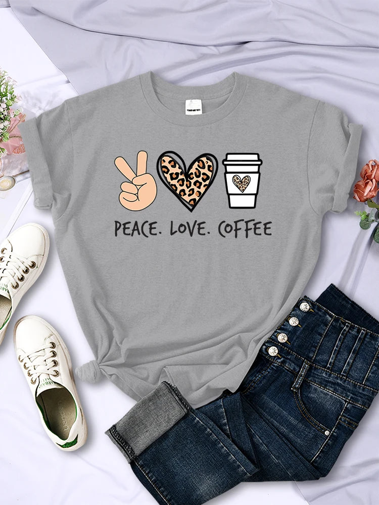 Women's Peace Love Coffee Printed Quality T-Shirts Brand Breathable O-Neck Tshirt For Women