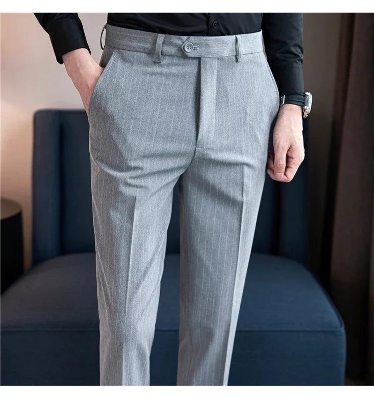 Men Boutique Black Striped Suits Pants Male Formal Wear Wedding Dress Trousers Quality British Style Business Casual Suit Pants
