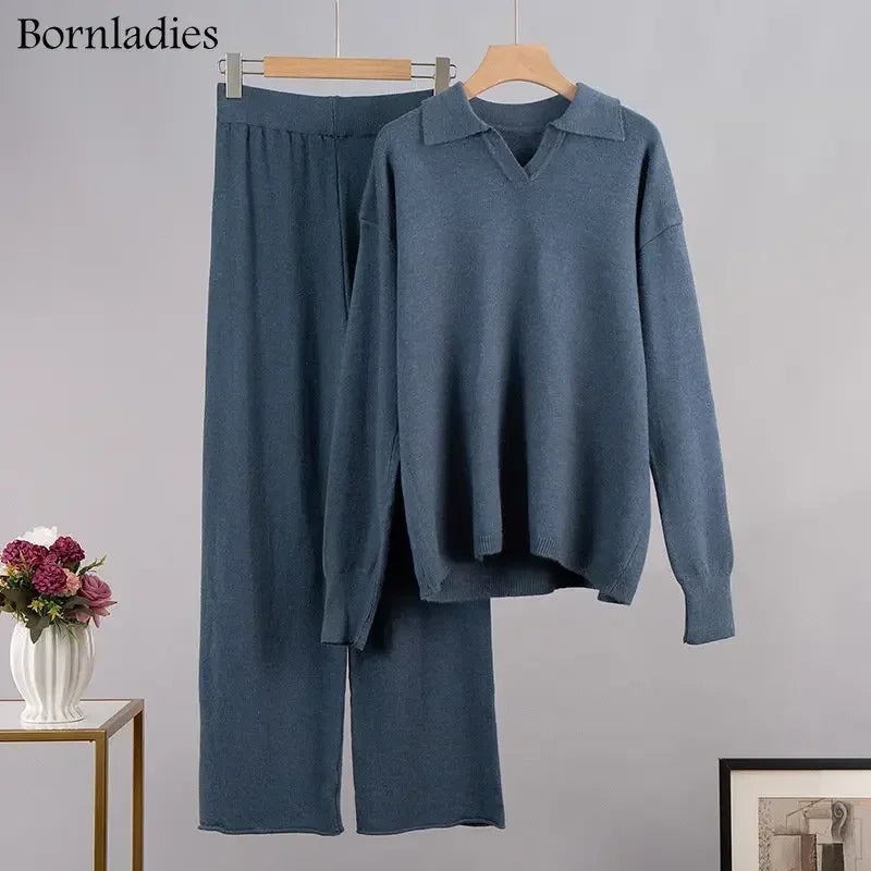 Bornladies Winter Thick Women Knitted Suits Soft 2 Pieces Sets  Polo Neck Sweater & Wide Leg Pants Knitted Outfit