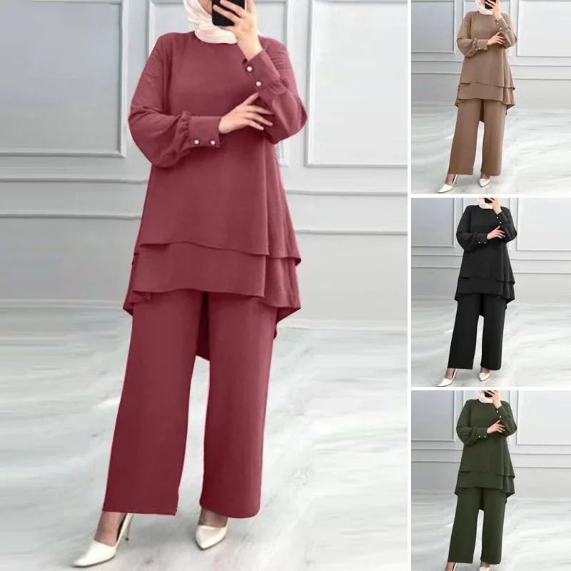 Women 2 Piece Set Blouse Double Top Wide Leg Pants Suit Casual Ensemble  Arab Trousers Outfits