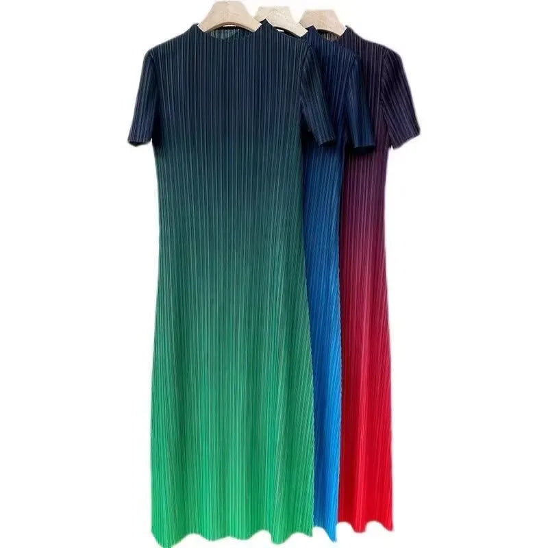 Long Dresses Elegant Party Dresses Woman Miyake Pleated Dress Female Gradient Long Loose Fashion Stitching Drape Bottoming Dress