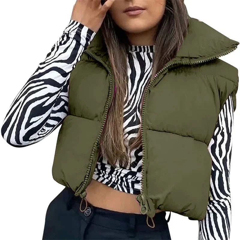 Women Winter Warm Crop Waistcoat Sleeveless Stand Collar Double Sided Lightweight Puffer Vest