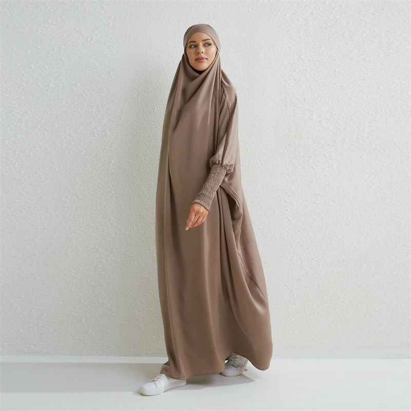 Abaya Hooded Smocking Sleeve One-piece Prayer Dress Women Jilbab  Clothing Dubai Saudi Black Robe Turkish Modesty