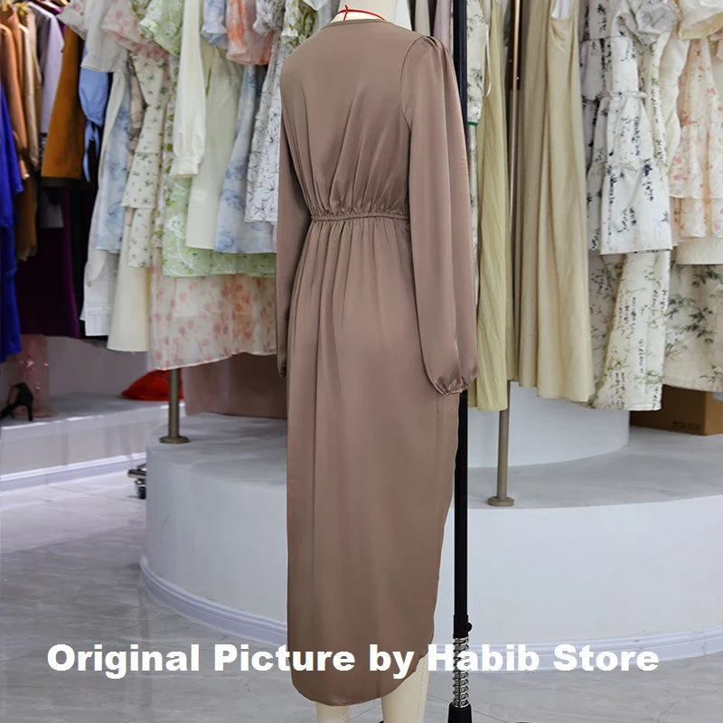 Women 2025 New Long Dress Elegant Round Neck Satin Long Sleeve Office Lady Midi Slim Evening Party Dresses Sexy Dress Chic Robe