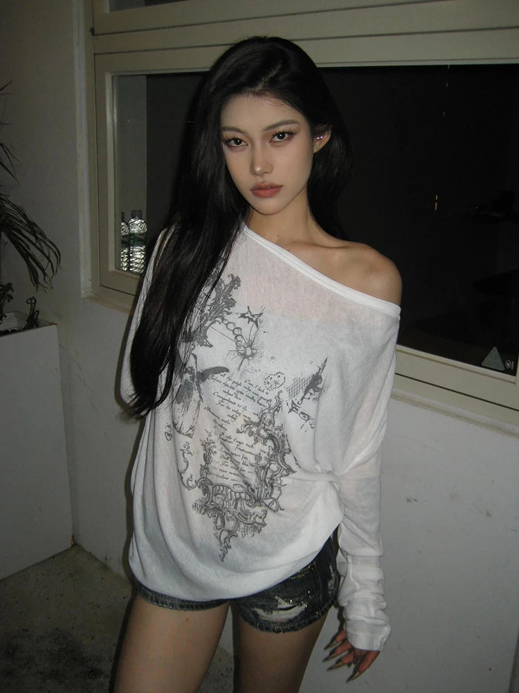 Yedinas Korean Fashion Graphic Tees Slightly Transparent T Shirt Women Clothing Long Sleeve Loose T-shirt Streetwear Spring Tops