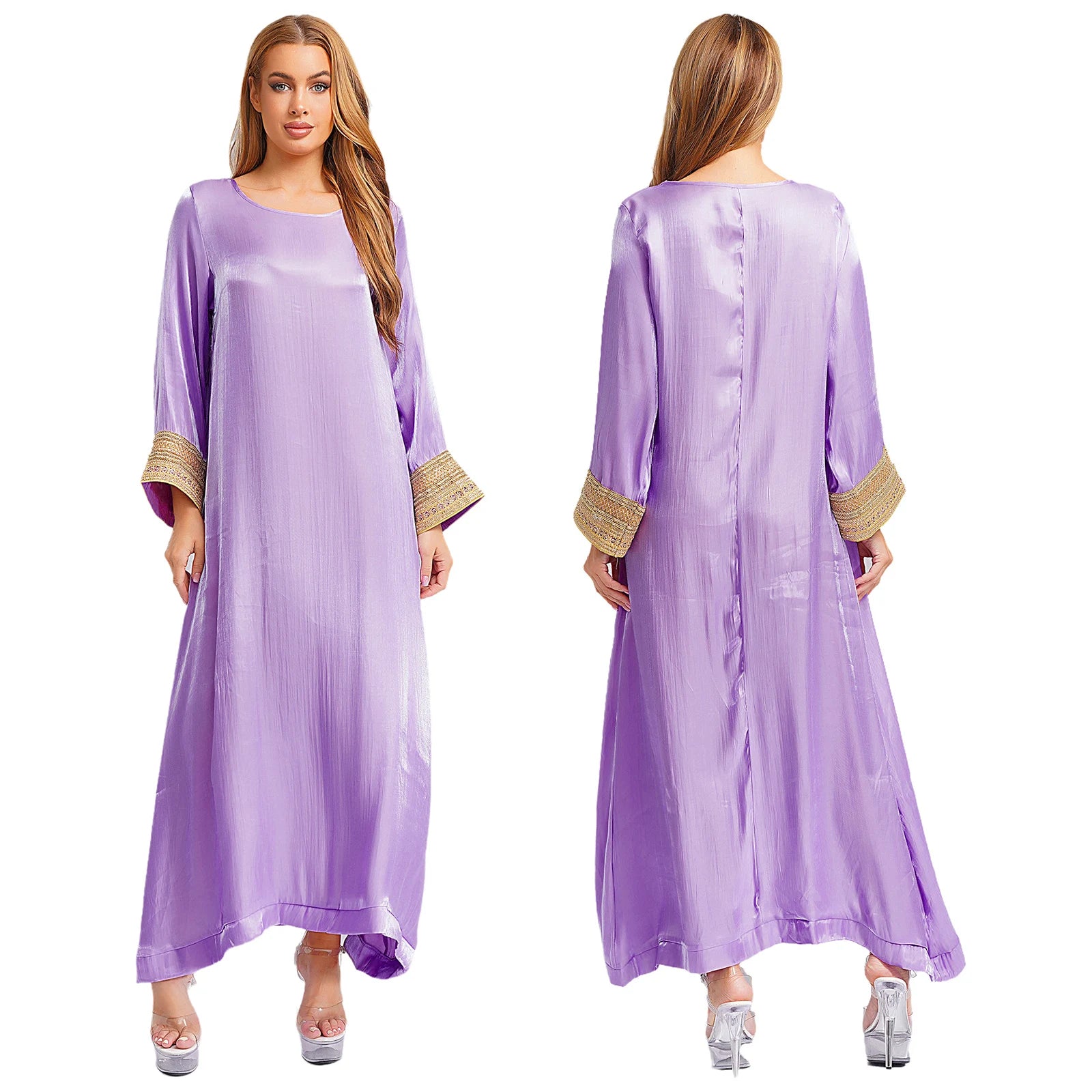 Womens Arabic Abaya Kaftan Dress Long Sleeve Loose Pullover Robe Shiny  Maxi Dress
