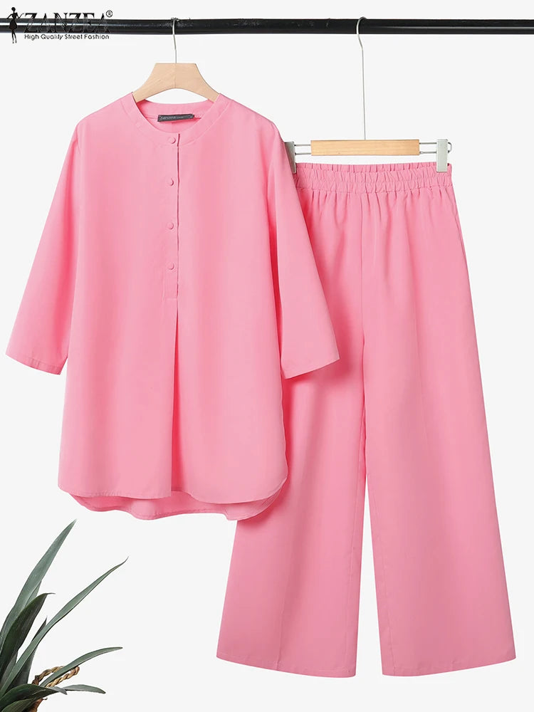 ZANZEA Women 2 Piece Solid Elegant Pant Sets Autumn 2 Piece Outfits Fashion Casual Loose 2PCS 2025 Stylish 3/4 Sleeve Top and Long Pants