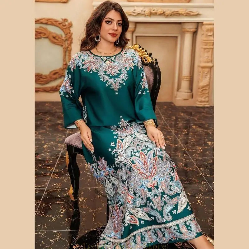 Dress for Women, Middle Eastern Robe Dress Flower Print Kaftan Dress