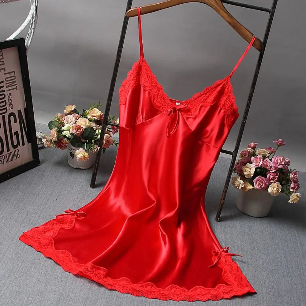 Sexy Lace Patchwork Camisola Lingerie Silk Dress Sleep Wear Nightdress