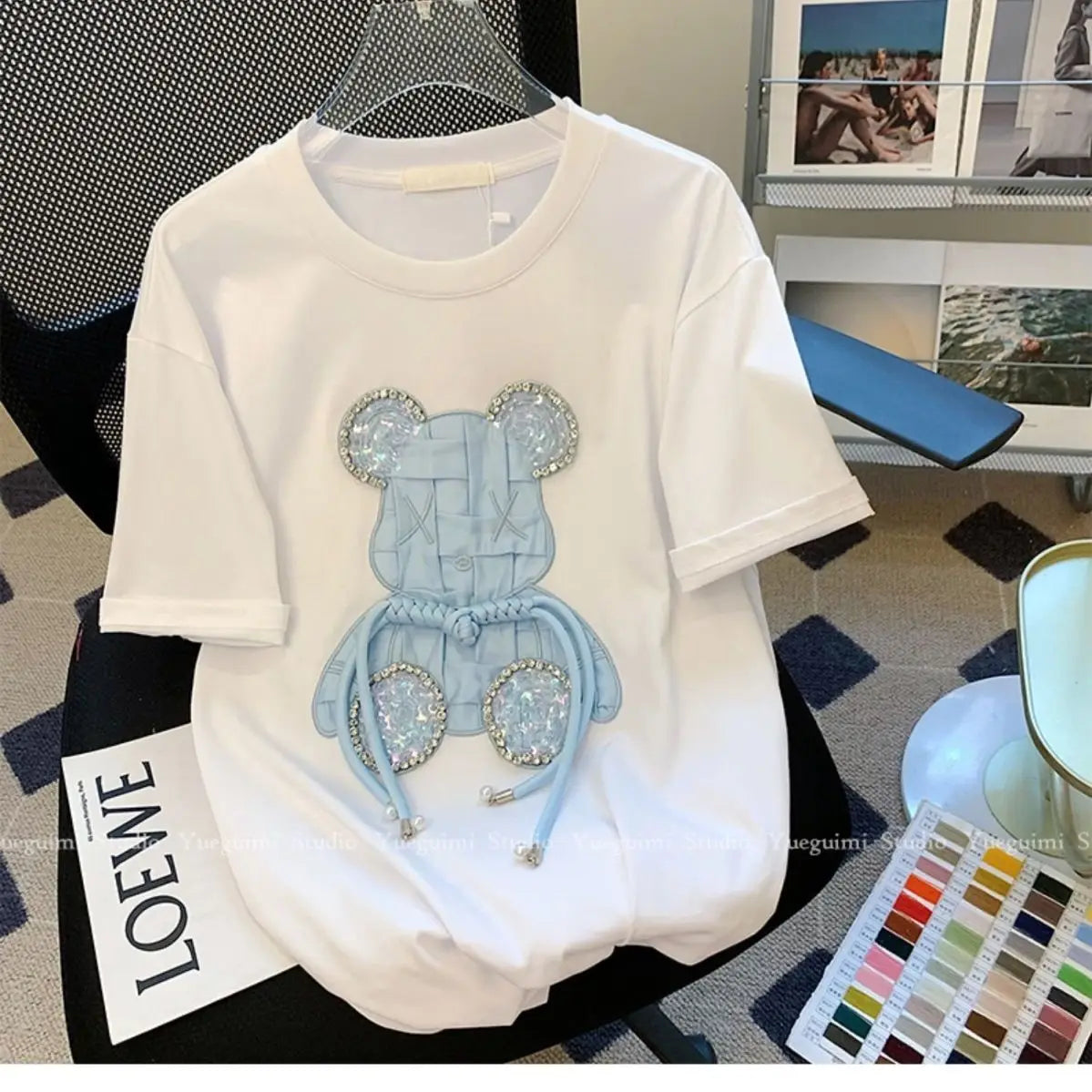 Luxury Embroidery Bear Diamond T Shirts Cute Cartoon Summer Tee Tops High Quality Cotton Short Sleeve Kawaii Clothes Korea
