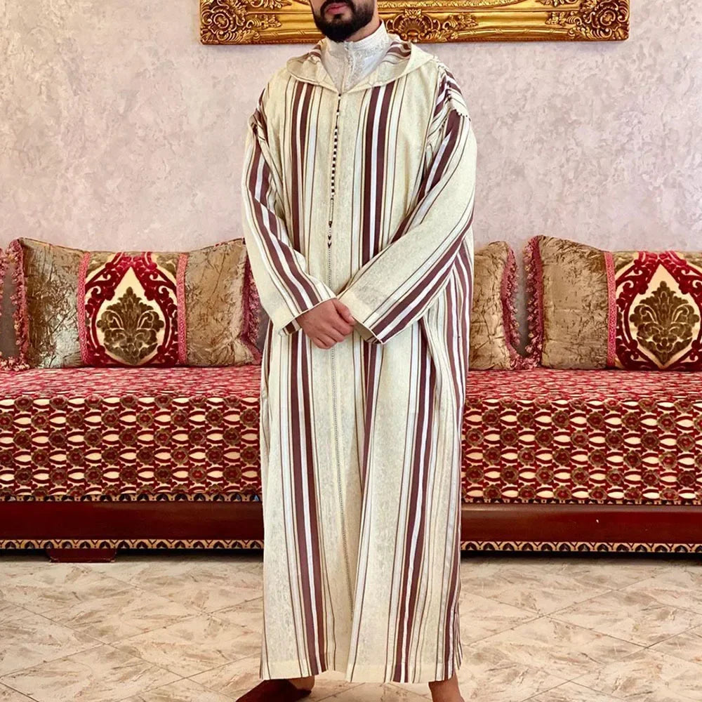 New 2025 Islamic Clothing Men Robe Kaftan Muslim Man Moroccan Casual Long Dress Arabic Striped Robe Middle East National Costume