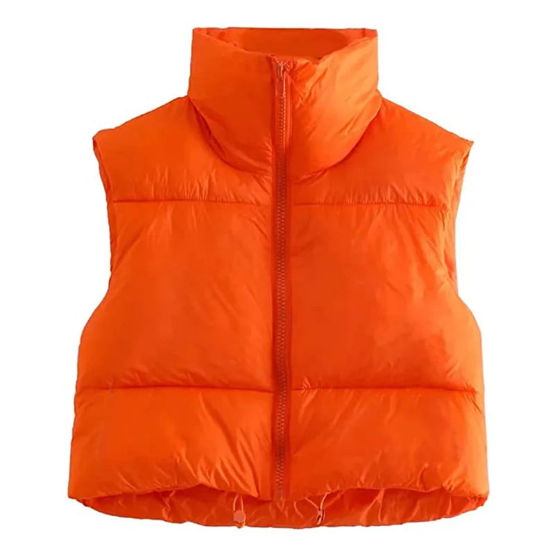 Women Winter Warm Crop Waistcoat Sleeveless Stand Collar Double Sided Lightweight Puffer Vest