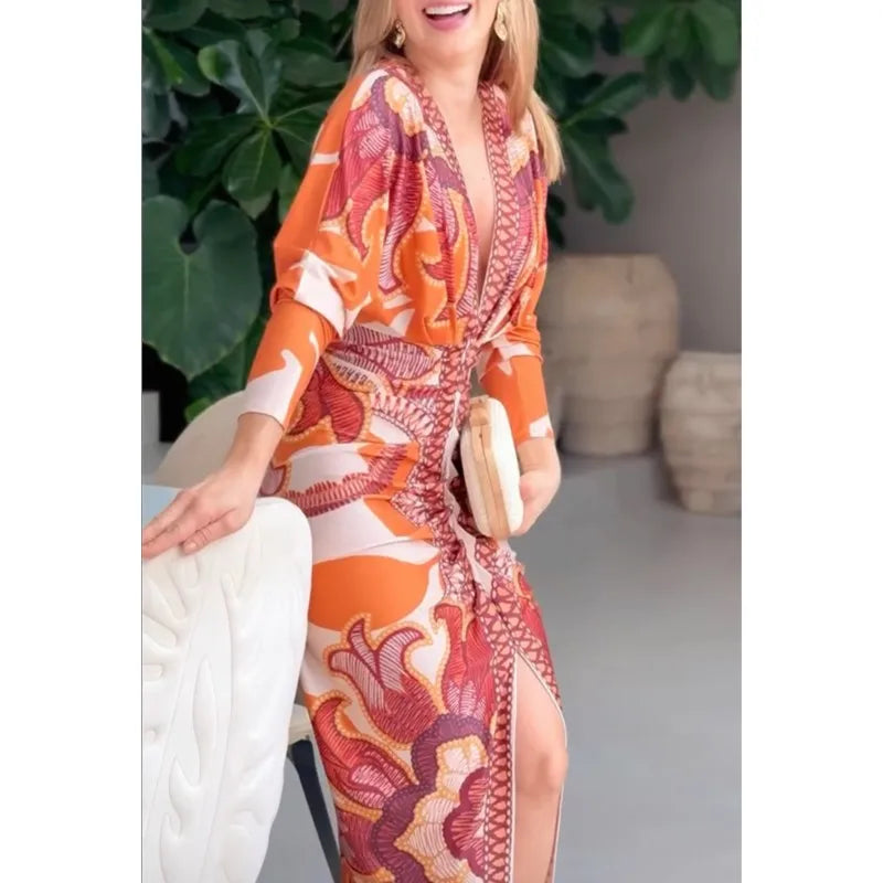 Women Elegant Print Sexy V-Neck Long Dresses Fashion Lady Long Sleeve Party Dress Summer 2025 Open Slit Temperament Office Dress