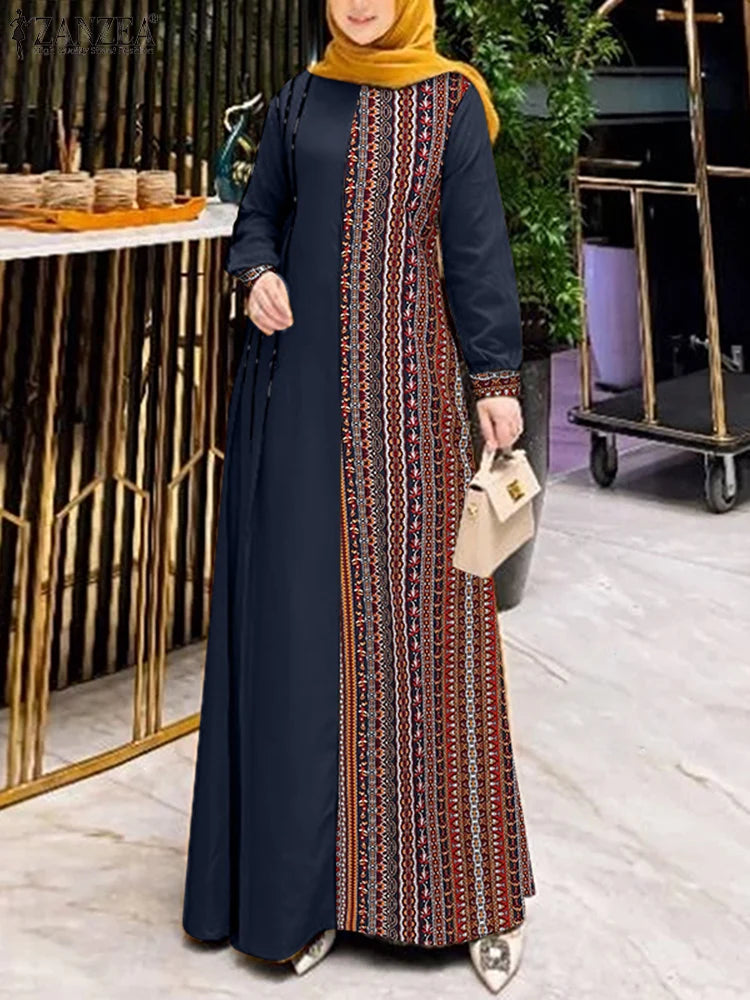 ZANZEA Women Ethnic Printed Panels Maxi Dress Long Sleeve Hijab O Neck   Patchwork  Loose Casual Abaya Robe