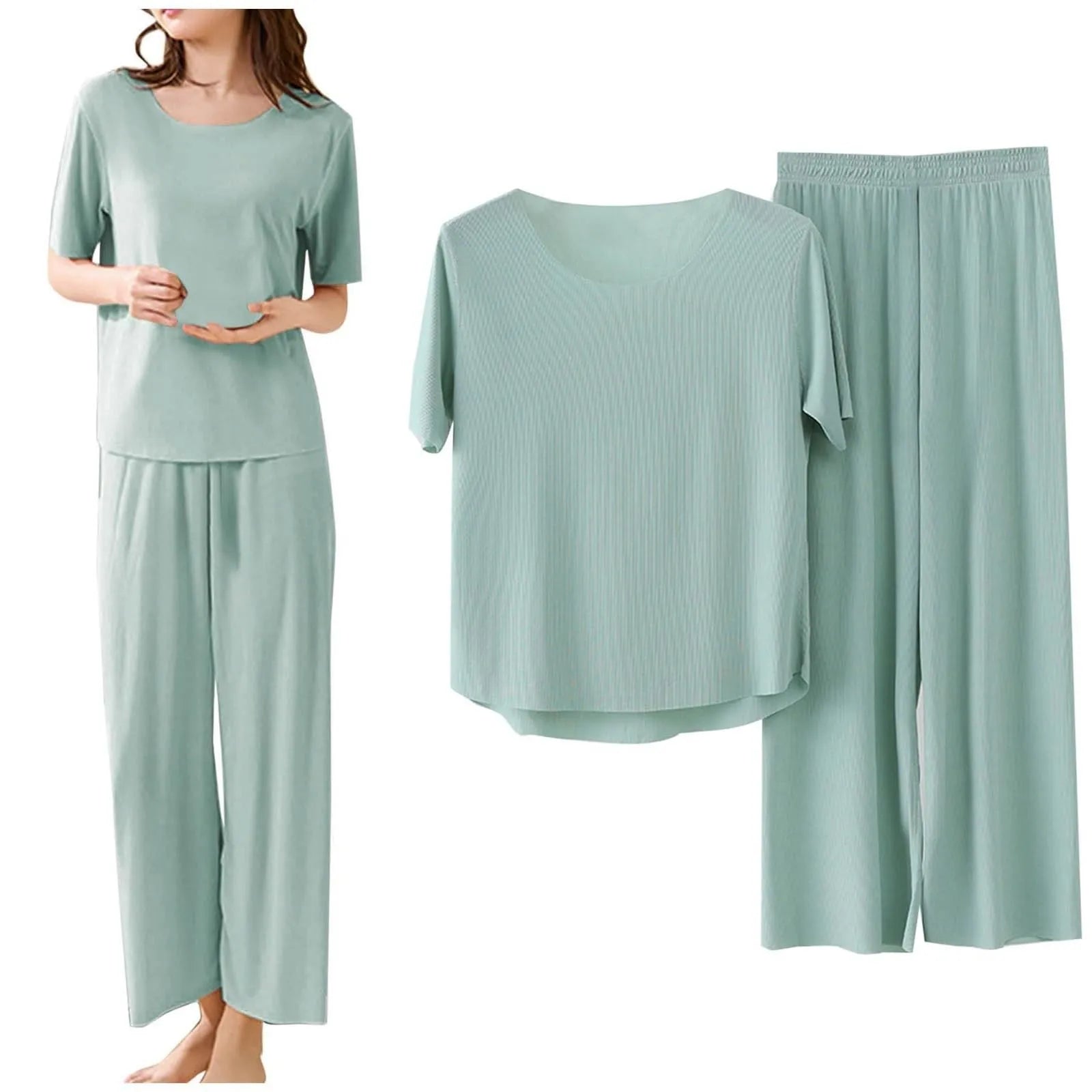 Women Casual Solid Color Sleepwear Set  Non-Marking Loose Short Sleeved Top Cropped Pants Homewear Ice Silk Pajamas Suit