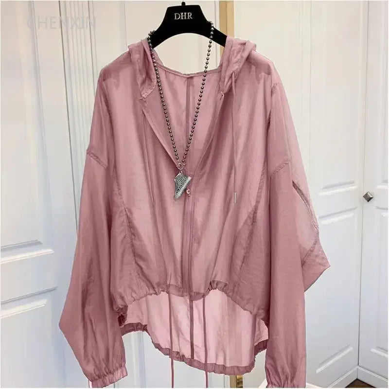 Women Hooded Jackets Summer Sun-proof Zipper Coats Thin Loose See Through Outerwear Breathable Outwear Lightweight Clothes White