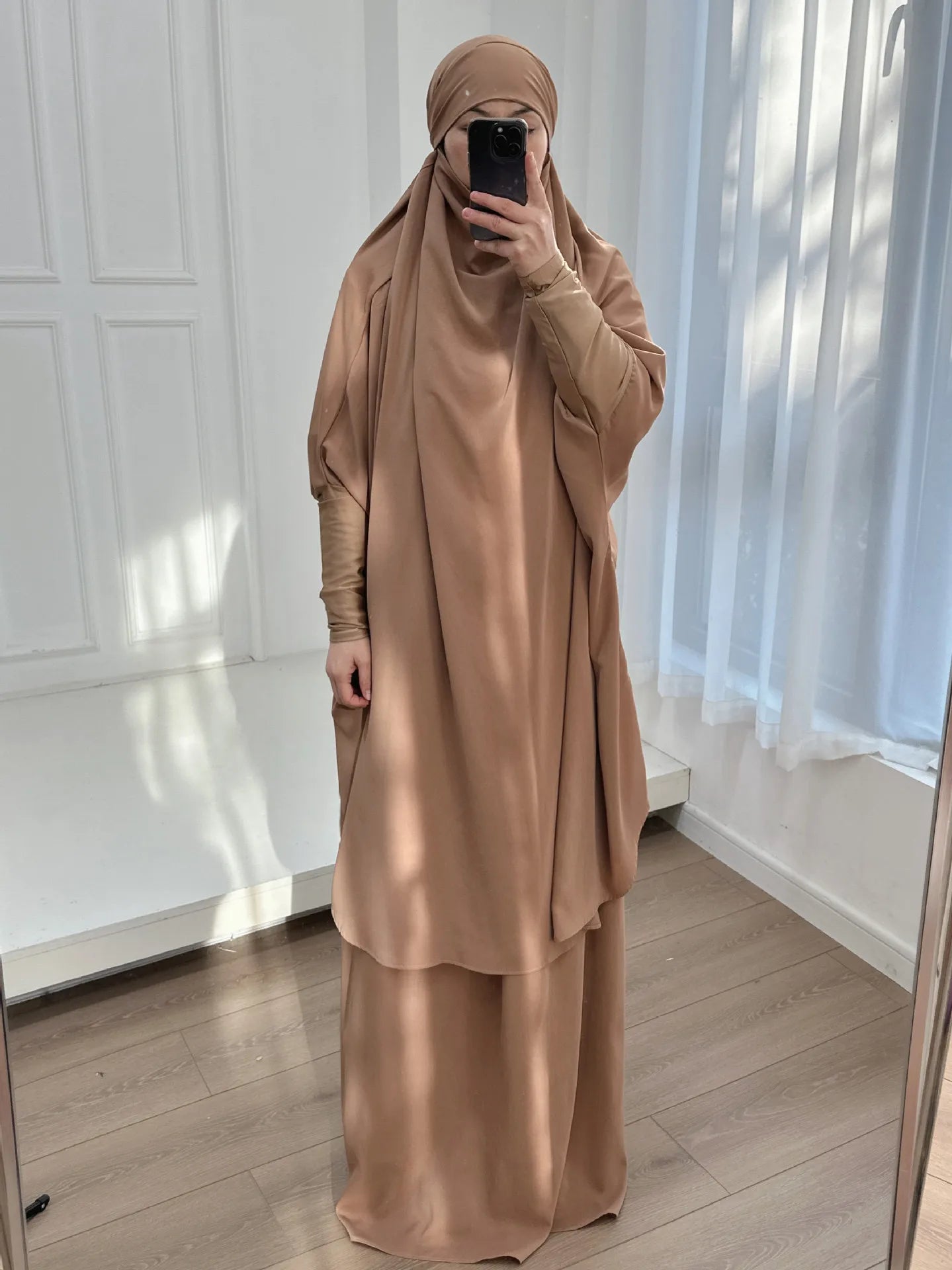 2 Piece Set Hooded Abayas and Skirt for Muslim Women Hijab Dresses Eid Ramadam Payer Garment Islamic Clothing Pink Black
