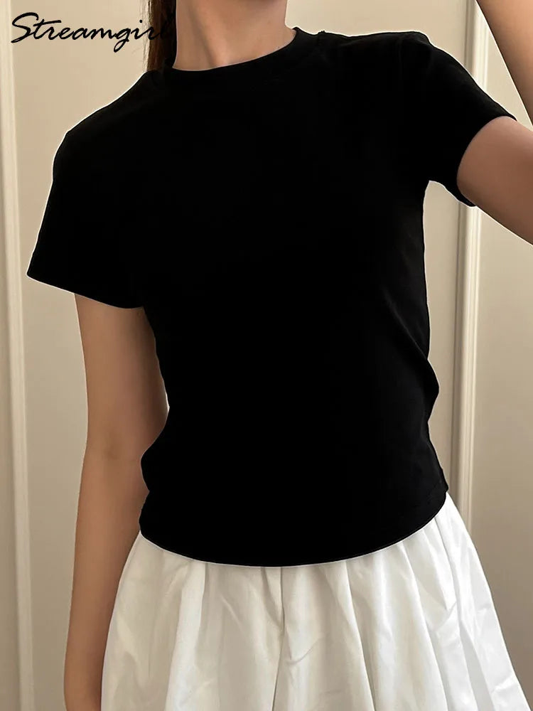 Exquisite Short T Shirts For Women Summer O Neck Slim Cotton Top Tees Streetwear Short Sleeve White Elastic Women's T-shirt Black