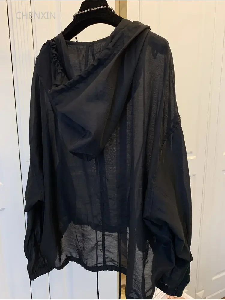 Women Hooded Jackets Summer Sun-proof Zipper Coats Thin Loose See Through Outerwear Breathable Outwear Lightweight Clothes White