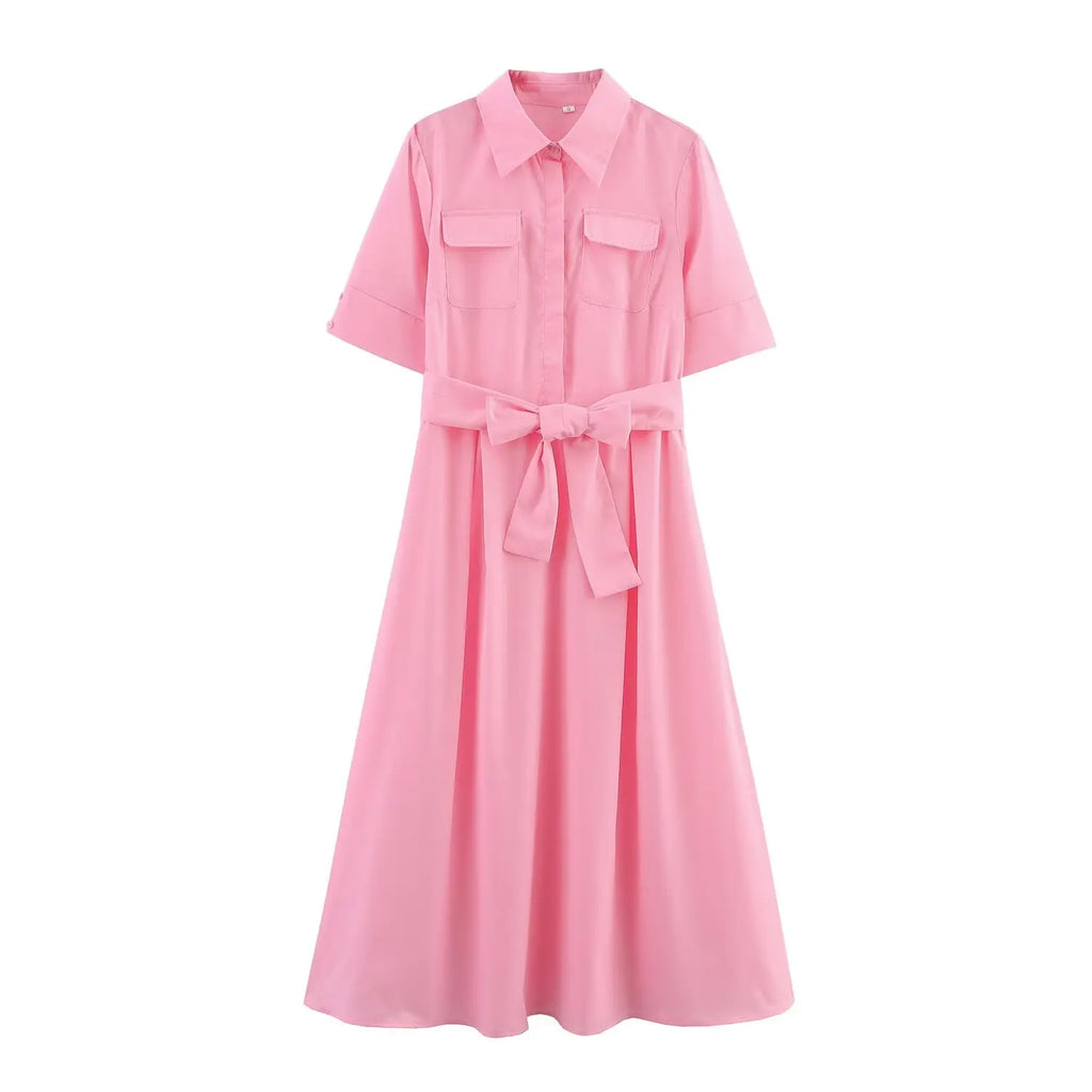 KONDALA Casual Chic Red Women Sashes Long Dress Women Pockets Short Sleeve Summer Dress Fashion 2025