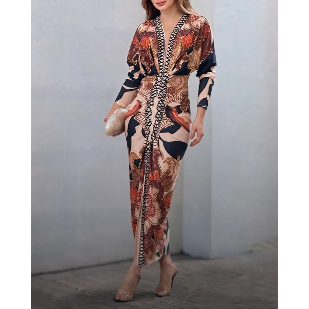 Women Fashion Vintage Baroque Print Long Sleeve Bodycon Dress Casual Plunge V Neck Ruched Slim Fit Midi Dress Party Elegant Wear
