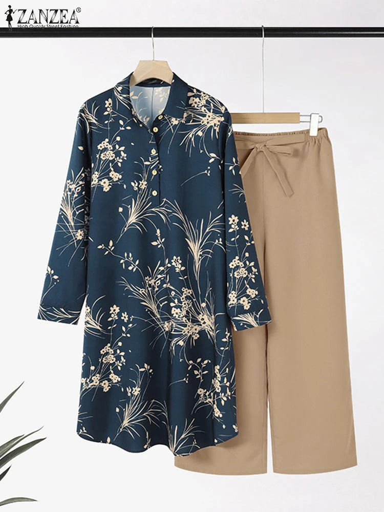 ZANZEA Women 2 PC Pant Sets Vintage Floral Print Tops Solid Wide Leg Long Pant Sets Elegant Outfits Two Piece Suits Casual