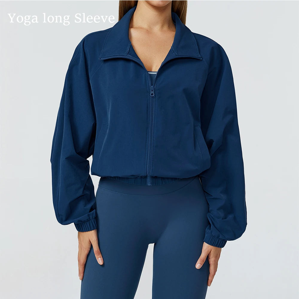 Women Zipper and Pockets Long Sleeve Gym Fitness Jacket Female Running Workout Sports