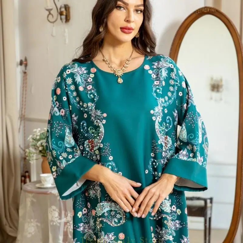 Women Kaftan Dress Full Length Print Rhinestones Pearls Embroidered Dress