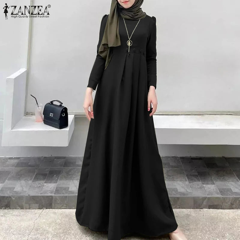 ZANZEA Women's Long Dress Spring Full Sleeve O-Neck Solid Sundress Casual Loose Elegant Robe