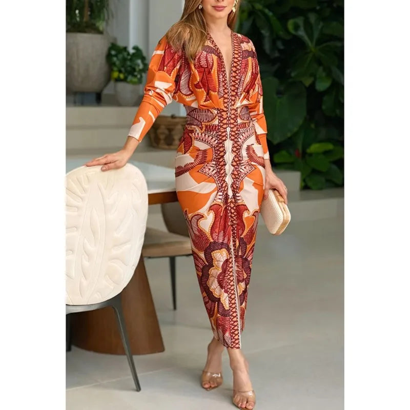 Women Elegant Print Sexy V-Neck Long Dresses Fashion Lady Long Sleeve Party Dress Summer 2025 Open Slit Temperament Office Dress