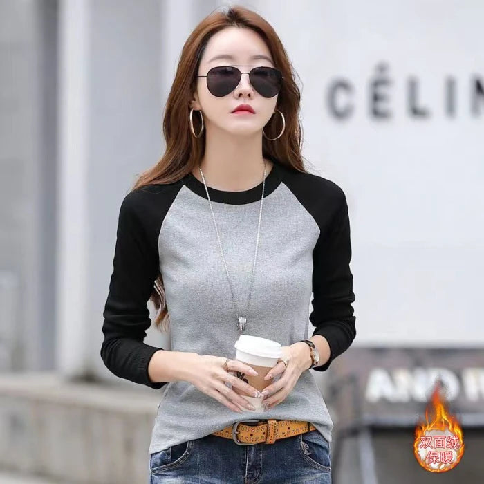 Thermal Winter O Neck Long Sleeve Shirt Women Sexy Cropped Tops Autumn Casual Patchwork Skinny Slim Basic Woman T Shirts Clothin