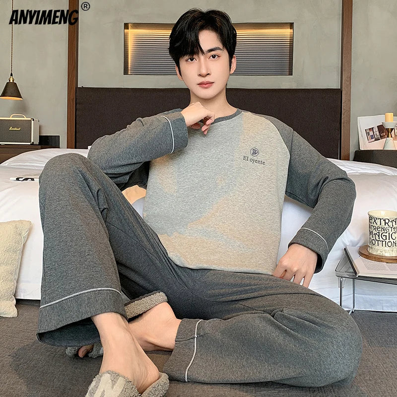 Winter Autumn Men Pajamas Set Faux Cotton Sleepwear Leisure Pyjamas for Boy Casual Homesuit Long Sleeves Pijama Youth Nightwear