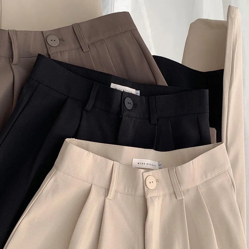 High Waist Women Suit Pants Fall Straight Office Ladies Korean Fashion Trousers Casual Button Loose Female Black Pants New 2025