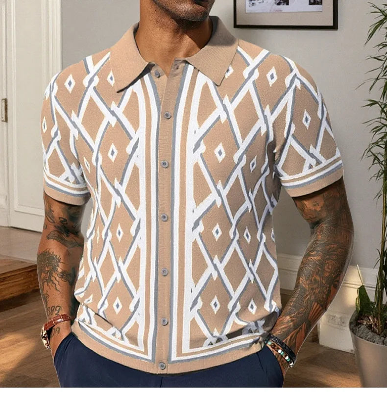 Knitted Shirt Print T Shirts Short Sleeve Single Breasted Cardigan Men Turn Down Collar Casual Shirts Loose Casual 2025