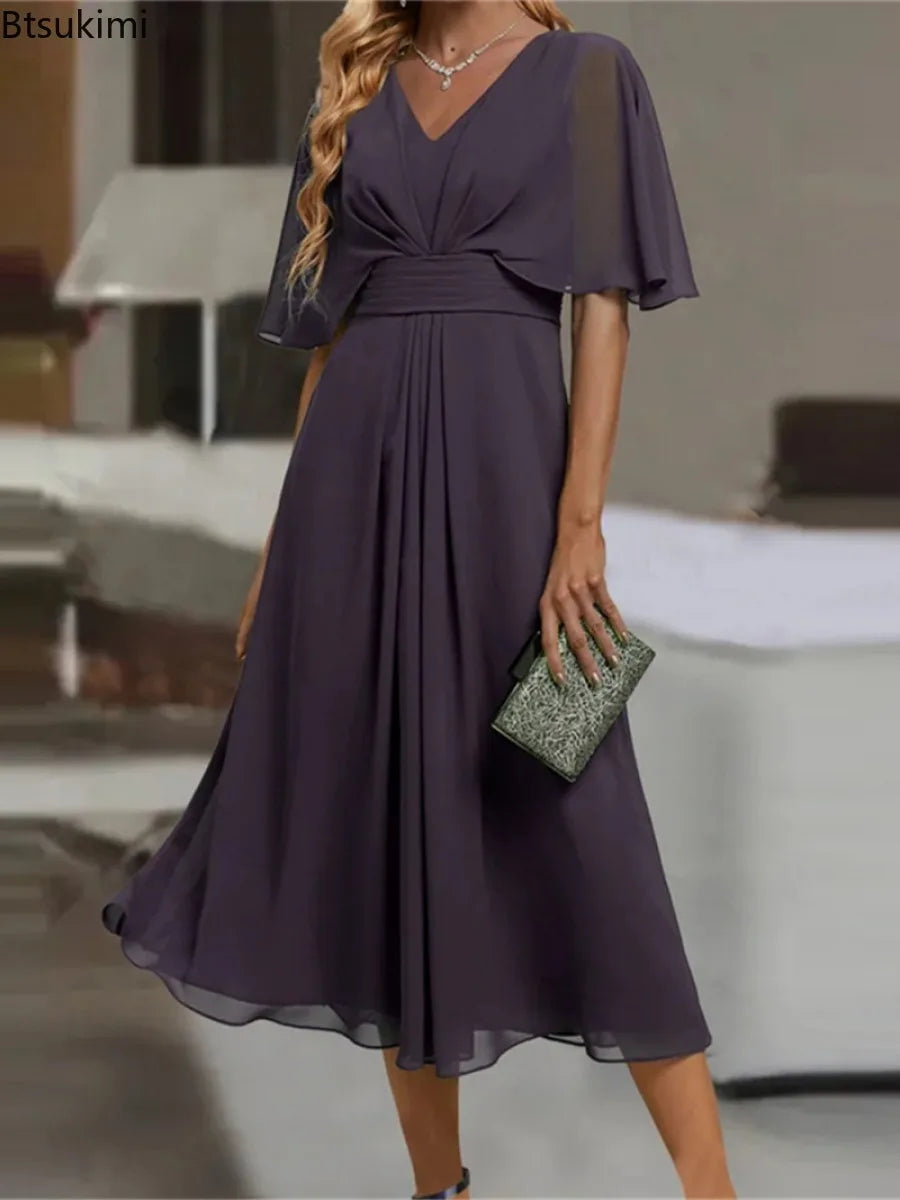 2025 Women's Evening Party Dress Plus Size Long Elegant  A Line V Neck Ruffles Chiffon Formal Wedding Dress Robe Dazzling Dress