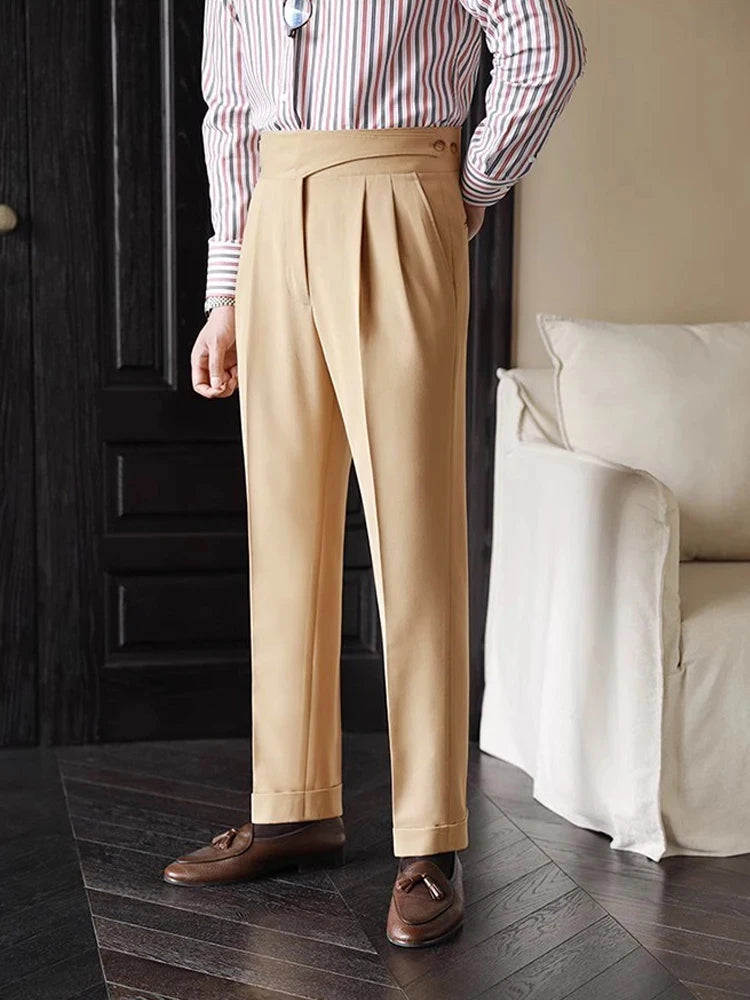 Naples Trousers Men 2025 Spring Autumn New Fashion Belt-up High Waist Slim Pants Men Business Casual Solid Color Straight Pants