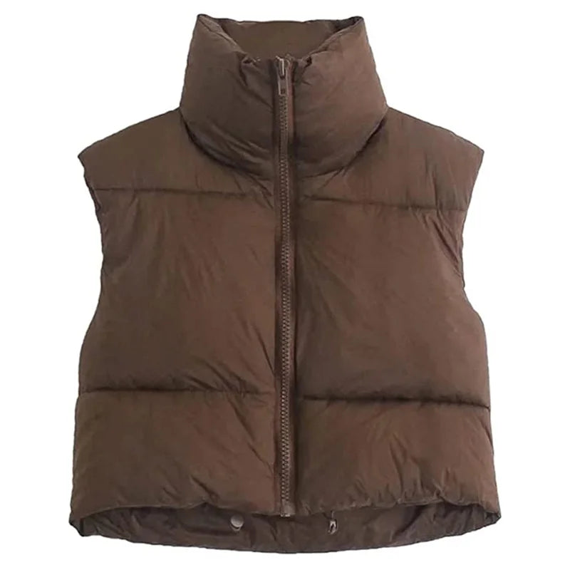Women Winter Warm Crop Waistcoat Sleeveless Stand Collar Double Sided Lightweight Puffer Vest