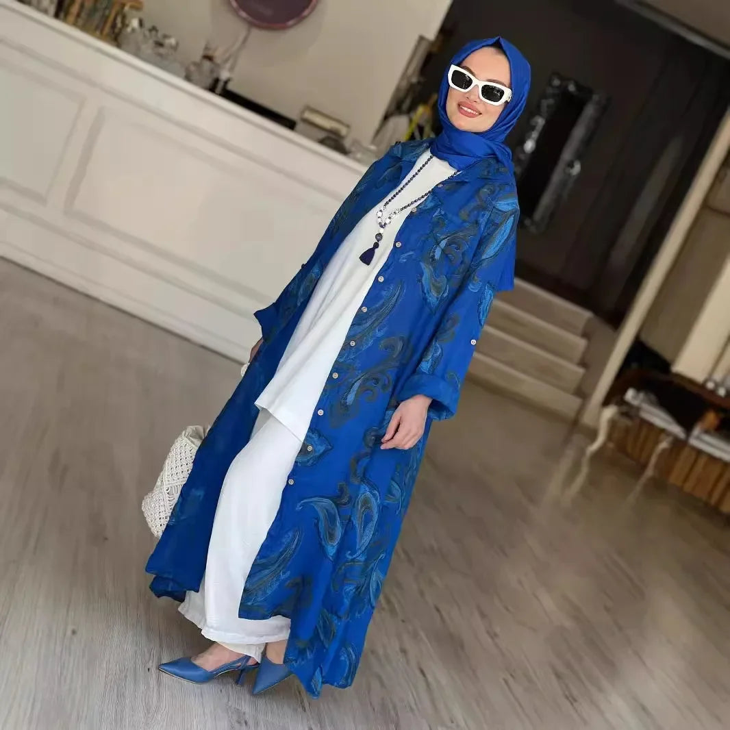 Women Print abaya  Cardigan Robe Jalabiya   Breasted Dresses Open Abayas Arab Kaftan