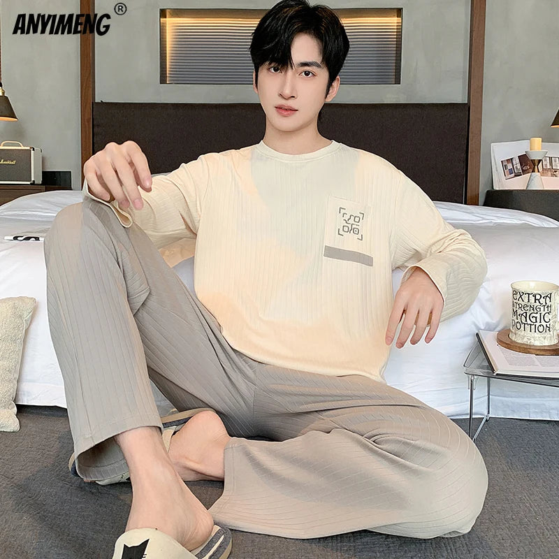 Winter Autumn Men Pajamas Set Faux Cotton Sleepwear Leisure Pyjamas for Boy Casual Homesuit Long Sleeves Pijama Youth Nightwear