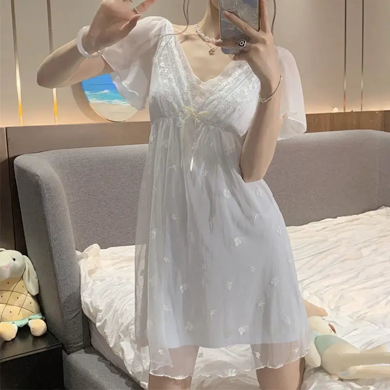 Sleepwear Women Nightwear Women's Sweet New Summer Long-sleeved Lace Home Clothes Night Gown Sleep Dress