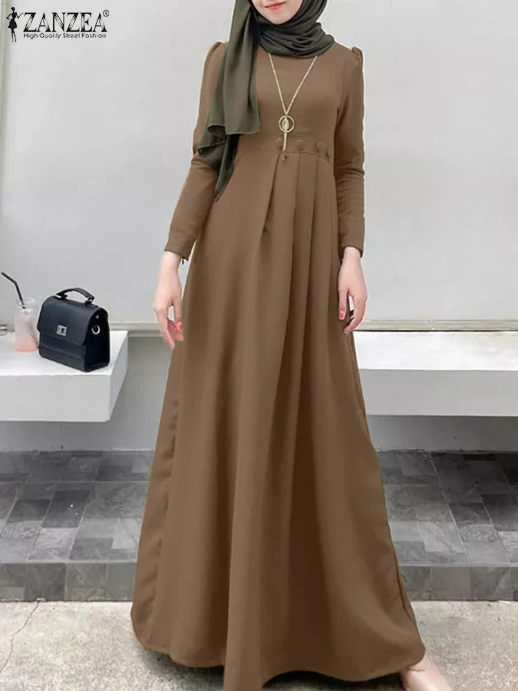 ZANZEA Women's Long Dress Spring Full Sleeve O-Neck Solid Sundress Casual Loose Elegant Robe